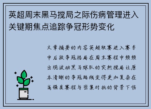 英超周末黑马搅局之际伤病管理进入关键期焦点追踪争冠形势变化 英超周末黑马搅局之际伤病管理进入关键期焦点追踪争冠形势变化